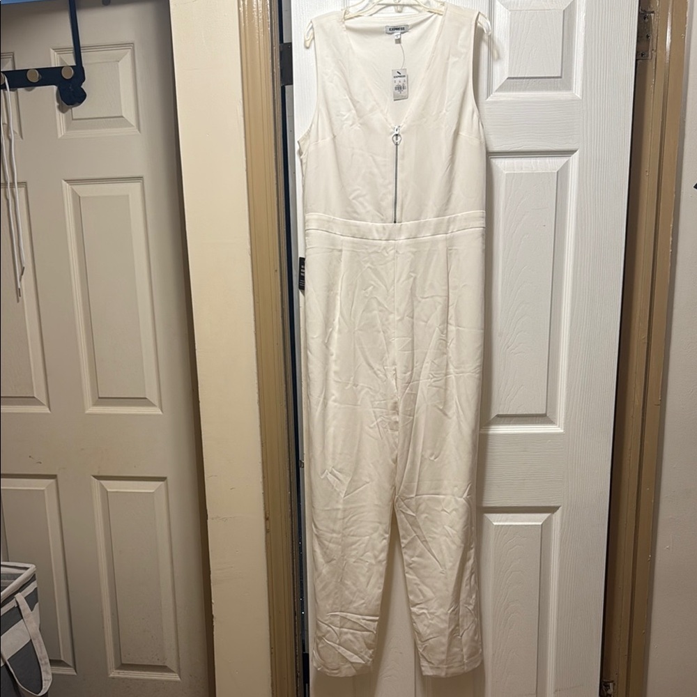 Express White Tailored Jumpsuit with V-Neck